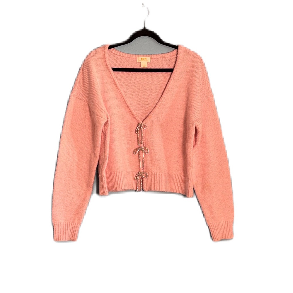Anthropologie Pink V-Neck Bow Cardigan Sweater Rhinestone Bow Snap Closures L